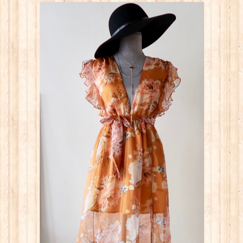 MELINDA- Whimsical Floral Dress in Mustard/Orange - Picture 4 of 5